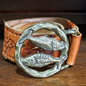 Vintage 1970s Brass Pisces Fish Belt Buckle  on Tooled Leather Belt